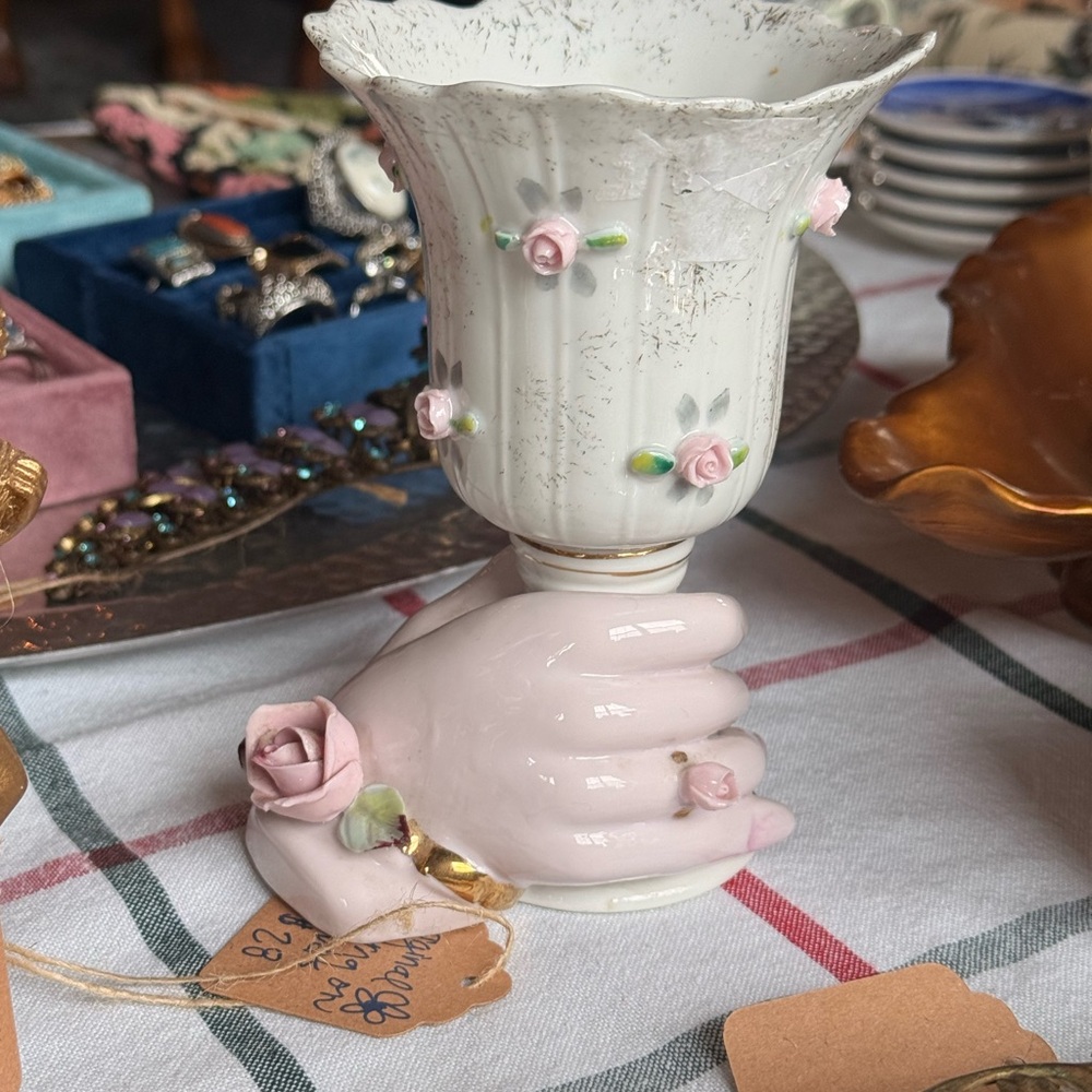 Vintage and Unique Hand Vase with Pink Roses